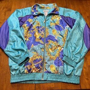 VINTAGE Womens Jacket Teal Purple Colorblock Seashells Retro Windbreaker Sz L